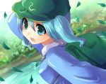  1girl :o backpack bag blue_eyes blue_hair blush falling_leaves female flat_cap from_behind hat kawashiro_nitori kobanzame leaf looking_at_viewer looking_back open_mouth outdoors randoseru river solo touhou twintails water wind 