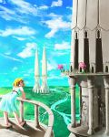  aguy aqua_eyes architecture balcony blonde_hair blue_eyes clouds column day dress flower landscape nature pillar river scenery sky tower water 