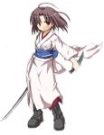  1girl chibi japanese_clothes kara_no_kyoukai katana kimono knife lowres reverse_grip ryougi_shiki solo sword weapon 