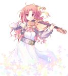  1girl bangs belt butterfly cropped_jacket dress flower furai hair_ribbon instrument long_hair looking_at_viewer one_side_up parted_bangs playing_instrument red_eyes redhead ribbon smile solo violin white_background yellow_ribbon 