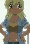 1girl blonde_hair blush breasts hands_on_hips hidamari_sketch long_hair miyako navel open_clothes screencap sleeves_rolled_up small_breasts smile solo stitched tan 
