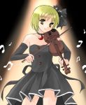  1girl bare_shoulders beamed_quavers blonde_hair choker coco_(artist) detached_sleeves dress female formal gradient gradient_background instrument lunasa_prismriver music musical_note ribbon short_hair solo spotlight strapless strapless_dress touhou violin yellow_eyes 