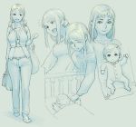  1girl baby breasts denim family jeans long_hair looking_at_viewer lying mochisuna monochrome multiple_views on_back original pants short_hair standing very_long_hair very_short_hair 