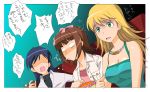  3girls a1 amami_haruka blonde_hair breasts food hoshii_miki idolmaster kisaragi_chihaya medium_breasts multiple_girls no_eyes popcorn spit_take spitting surprised translated 