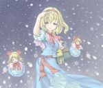  1girl :d alice_margatroid blonde_hair blue_dress blue_eyes book capelet doll dress expressionless female flying frills grimoire holding holding_book lock looking_at_viewer open_mouth puffy_short_sleeves puffy_sleeves satou_takeshi short_sleeves smile snow solo standing touhou wind 