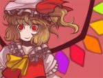  1girl ascot blonde_hair collar crystal demon_wings female flandre_scarlet frilled_collar frills hat looking_at_viewer mob_cap pale_skin red_eyes smile solo staring touhou upper_body wings 