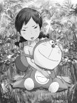  braid doraemon doraemon_(character) forest monochrome nature stuffed_animal stuffed_toy tarao twin_braids 