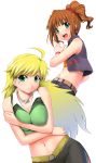  2girls :d ahoge blonde_hair breasts cleavage crossed_arms green_eyes green_shirt hairband hoshii_miki idolmaster large_breasts long_hair looking_at_viewer multiple_girls navel open_mouth ponytail shirt simple_background smile takatsuki_yayoi twintails very_long_hair white_background zanzi 