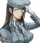  1girl adjusting_glasses akarino7 arm_up beret collared_shirt glasses gloves gundam gundam_00 hat kati_mannequin long_sleeves looking_at_viewer looking_back necktie shirt simple_background solo uniform white_background white_gloves white_shirt 