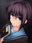  1girl bangs black_background book cardigan closed_mouth collarbone eyebrows eyebrows_visible_through_hair glasses holding holding_book looking_at_viewer nagato_yuki over-rim_glasses purple_hair red_ribbon ribbon school_uniform semi-rimless_glasses serafuku short_hair solo suzumiya_haruhi_no_yuuutsu tagme uni8 upper_body 