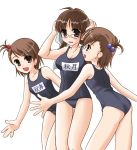  3girls akizuki_ritsuko futami_ami futami_mami idolmaster multiple_girls name_tag one-piece_swimsuit school_swimsuit siblings sisters swimsuit twins 