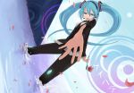  1girl blue_eyes blue_hair flower foreshortening formal hands hatsune_miku kaida_michi long_hair outstretched_arm outstretched_hand pant_suit reaching saihate_(vocaloid) shati solo suit twintails vocaloid water 