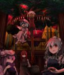  5girls cross female flandre_scarlet hat izayoi_sakuya knife koakuma maid multiple_girls nature outdoors patchouli_knowledge plant remilia_scarlet skirt sky takishima_asaka the_embodiment_of_scarlet_devil throwing_knife touhou weapon wings 