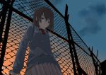  1girl chain-link_fence dusk evening fence glasses keisan original school_uniform serafuku sky solo sunset 