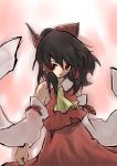  1girl black_hair bow collar detached_sleeves dress evil_smile female hair_bow hakurei_reimu japanese_clothes loki long_sleeves looking_at_viewer ploki red_bow red_dress red_eyes red_ribbon ribbon shaded_face short_hair smile solo standing touhou 