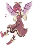  1girl animal_ears blush dress female hand_on_own_chest hat korican music musical_note mystia_lorelei pink_hair quaver red_eyes short_hair simple_background singing smile solo touhou white_background wide_sleeves wings 