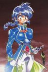  1girl 90s araizumi_rui blue_hair braid sherra sherra_(slayers) single_braid slayers solo sword weapon 