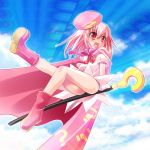  1girl benesse boots flying hat hatena_yousei maki_(seventh_heaven_maxion) pink_boots pink_eyes pink_hair pink_hat solo 