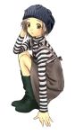  1girl boots casual dress hands hat kichiroku short_hair solo striped 