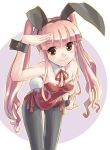  1girl animal_ears brown_eyes bunnysuit darker_than_black katahira_masashi kayanuma_kiko leaning_forward pantyhose pink_hair rabbit_ears red_eyes salute solo twintails wrist_cuffs 