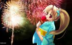  1girl aerial_fireworks candy_apple dlsite.com fireworks highres japanese_clothes kimono malino_(dream_maker) premium-chan wallpaper yukata 
