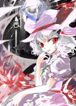 1girl belt crystal dress female floating_object frills from_side gem glowing looking_at_viewer looking_to_the_side mo puffy_short_sleeves puffy_sleeves red_eyes remilia_scarlet short_sleeves shunsei_(muratou) silver_hair solo touhou upper_body white_dress 