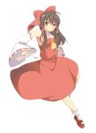  1girl ascot bad_id brown_eyes brown_hair collar detached_sleeves female footwear hakurei_reimu hizu imperishable_night japanese_clothes long_sleeves looking_at_viewer mary_janes miko noise_(hakusen) ribbon-trimmed_sleeves ribbon_trim shoes simple_background socks solo touhou white_background 