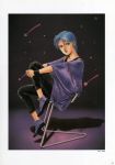  1girl 80s absurdres artist_name blue_eyes blue_hair flats four_murasame green_hair gundam highres kitazume_hiroyuki leggings lipstick makeup oldschool purple_lipstick scan short_hair signature sitting smile socks solo star tunic wristband zeta_gundam 