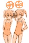  2girls arms_behind_back blush_stickers double_bun flat_chest hands_on_hips mahou_sensei_negima! mikami_komata mikami_konu monochrome multiple_girls narutaki_fumika narutaki_fuuka one-piece_swimsuit orange_(color) smile swimsuit twintails 