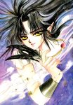  1boy ashura black_hair clamp feathers highres jewelry male_focus necklace pointy_ears rg_veda scan solo yellow_eyes 