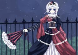  1girl adapted_costume alternate_costume crown dress fan female formal gem night solo star tiara touhou white_hair yagokoro_eirin 