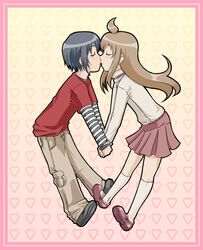  2girls ahoge androgynous brown_hair kiss mary_janes minami-ke minami_chiaki minami_touma multiple_girls reverse_trap school_uniform serafuku shoes short_hair yuri 