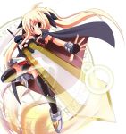  1girl bardiche black_gloves black_legwear black_ribbon blonde_hair fate_testarossa fingerless_gloves foreshortening full_body gloves hair_ribbon holding holding_sword holding_weapon kazekawa_nagi long_hair looking_at_viewer lyrical_nanoha mahou_shoujo_lyrical_nanoha mahou_shoujo_lyrical_nanoha_a&#039;s outstretched_arm red_eyes ribbon simple_background solo sword thigh-highs unsheathed very_long_hair weapon white_background 