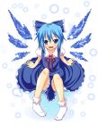  1girl blue_eyes blue_hair cirno dress female full_body kirise_mitsuru solo the_embodiment_of_scarlet_devil touhou white_background 