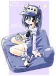  1girl blue_hair character_name controller game_boy_player game_console game_controller gameboy_player gamecube gamecube-tan handheld_game_console hat nintendo overalls pillow playing_games rascal sitting solo video_game 