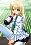  1girl alcohol blonde_hair bottle brown_eyes garters maho_(yakimorokoshi) mashuu necktie solo thigh-highs wine zettai_ryouiki 