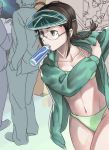  1girl akizuki_ritsuko bikini blue_eyes braid brown_hair collarbone crowd dressing glasses green_bikini idolmaster inu_(aerodog) jacket long_sleeves midriff mouth_hold navel open_clothes open_jacket rimless_glasses short_hair silhouette solo_focus standing stomach swimsuit twin_braids visor_cap 