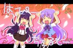  2girls bow caramelldansen closed_eyes footwear furude_rika hanyuu higurashi_no_naku_koro_ni horns long_hair multiple_girls nekokun pink_bow purple_hair skirt socks 