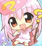  1girl :d ? benesse blush boots cape chibi fang gloves hahifuhe hat hatena_yousei long_hair lowres oekaki open_mouth pink_hair pink_hat red_eyes smile solo staff 