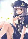  1girl :o alternate_color bare_legs blue_dress blue_eyes coco_(artist) criss-cross_halter dress female halter_top halterneck hand_on_own_chest hat knees_up long_hair looking_at_viewer mob_cap parted_lips patchouli_knowledge silver_hair sitting solo touhou very_long_hair 
