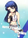  1girl blue_eyes blue_hair blush boots collarbone cool_&amp;_sexy_(idolmaster) happy_birthday holding idolmaster jewelry kisaragi_chihaya kisugi kisugi_akira looking_at_viewer midriff miniskirt navel necklace shoes shoulders skirt sneakers solo standing stomach strapless tubetop wrist_cuffs 