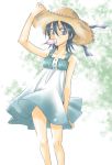 bleach blue_hair dress hat kuchiki_rukia mouth_hold popsicle straw_hat sun_hat yu-ri_(kurione-sha) 