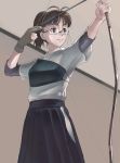  1girl akizuki_ritsuko archery armor bow_(weapon) brown_eyes brown_hair glasses gloves hakama idolmaster inu_(aerodog) japanese_clothes kyuudou muneate ponytail single_glove solo weapon yugake 