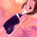  beach black_eyes blush brown_hair dutch_angle fang flat_chest looking_back one-piece_swimsuit sasahara_yuuki smile sunset swimsuit twintails 