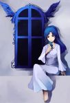  1girl barefoot bird bird_on_hand blue_hair dress idolmaster kisaragi_chihaya light_smile long_hair night pos sitting solo white_dress window 