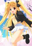  1girl :d ankle_boots blonde_hair blush boots breasts casual cherry_blossoms contemporary fate_testarossa kouzuki_hajime large_breasts long_sleeves looking_at_viewer lyrical_nanoha mahou_shoujo_lyrical_nanoha mahou_shoujo_lyrical_nanoha_strikers open_mouth outdoors plant running smile solo tareme tree 
