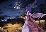  1girl angel_wings from_behind harp instrument original purple_hair sky solo sorano_eika wings 