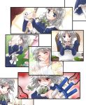  1girl ^_^ apron bathing between_fingers blush braid closed_eyes closed_mouth coco_(artist) collarbone comic dagger female frills izayoi_sakuya knife looking_at_viewer maid maid_apron maid_headdress serious smile steam throwing_knife touhou towel twin_braids upper_body weapon 