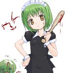  1girl aliasing baseball_bat blood crying cuffs hand_on_hip head_tilt lowres maid maid_headdress marimo oekaki original shiya_(nm65) short_hair simple_background solo takayaki tears weapon 