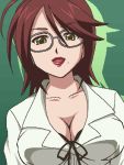  1girl ahoge awa bangs black_bra bra breasts brown_hair cleavage collarbone collared_shirt flipped_hair front-tie_top glasses green_background hair_between_eyes happy kagome_ririko large_breasts lilico_kagome lingerie lipstick looking_at_viewer lowres makeup mature milf mole mole_under_mouth oekaki parted_bangs red_lipstick redhead rosario+vampire shirt short_hair simple_background solo swept_bangs underwear upper_body yellow_eyes 